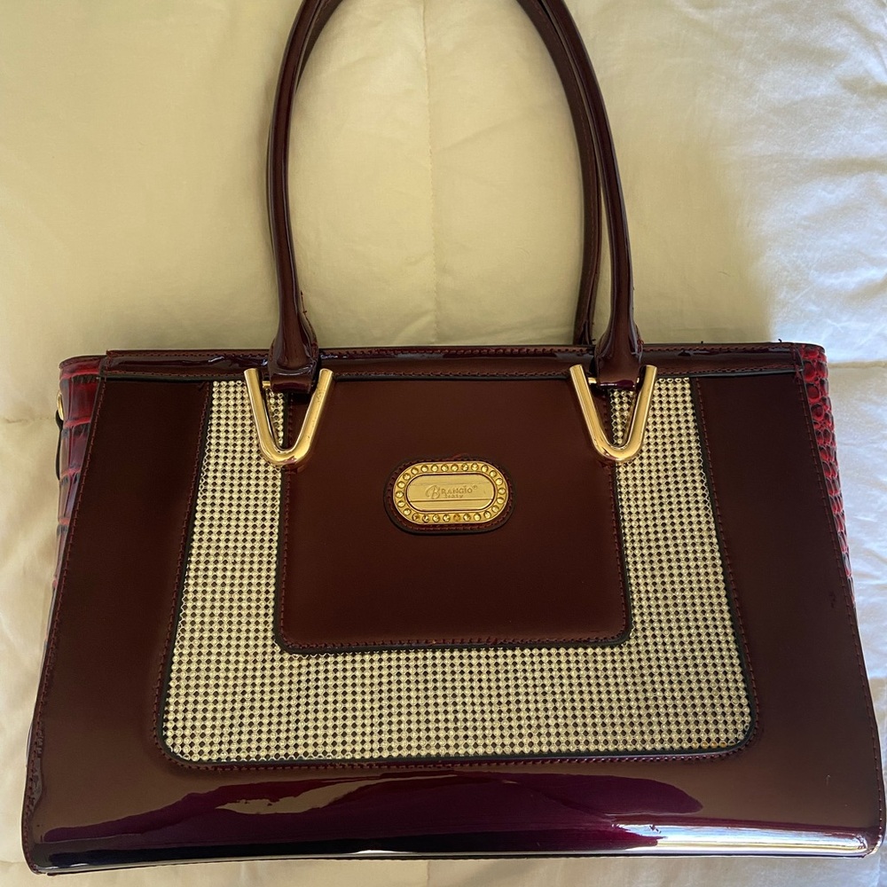 Stylish Brangio Italy, Patent Burgundy Shoulder Bag with diamon like accents
